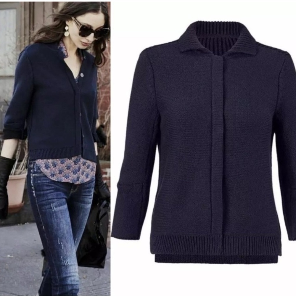 CABI Womens Pursuit Knit Cardigan Size L Blue Ribbed 3/4 Sleeve Sweater #3523